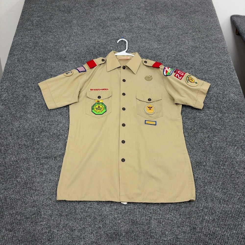 Vintage Boy Scouts of America Shirt Youth XL Tan Poly Cotton Patches Uniform